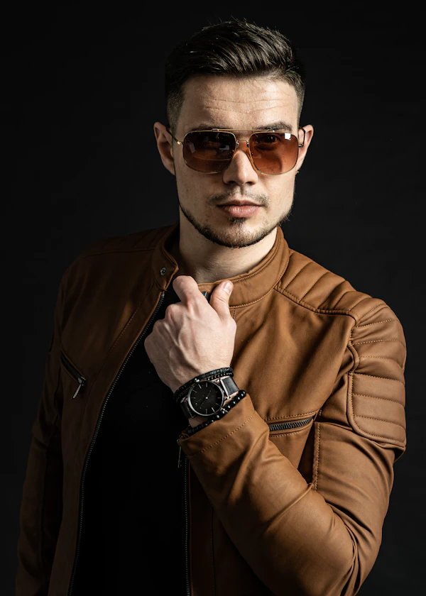 Man in a leather jacket wearing aviator sunglasses